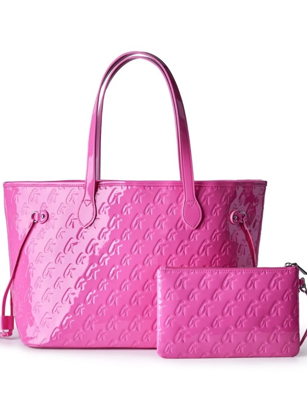 Glossy Pink Embossed Tote with Matching Pouch - Women Bags